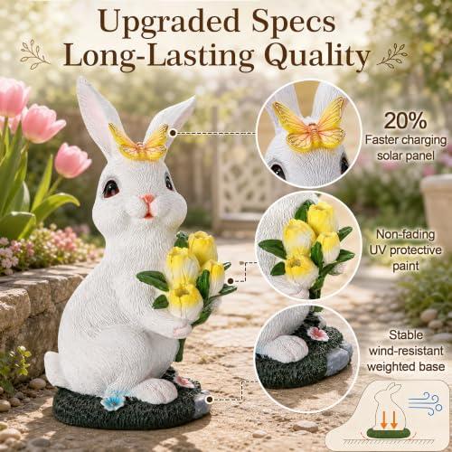 Solar Rabbit Statue Waterproof LED Flower Bouquet Garden Decor
