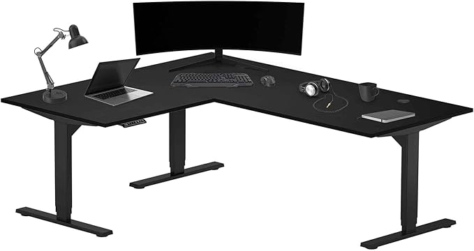 Progressive Desk Stand Up Height Adjustable Electric Standing Desk - L Shaped 60" x 72" Corner Computer Rising Workstation Table - Black Frame, Ebony Oak Top