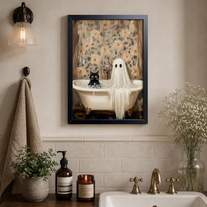 Funny Black Cat Bathroom Wall Art Framed Canvas Print