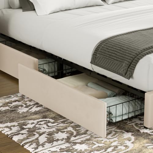 King Size Upholstered Bed Frame with 4 Drawers and Headboard