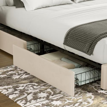 King Size Upholstered Bed Frame with 4 Drawers and Headboard