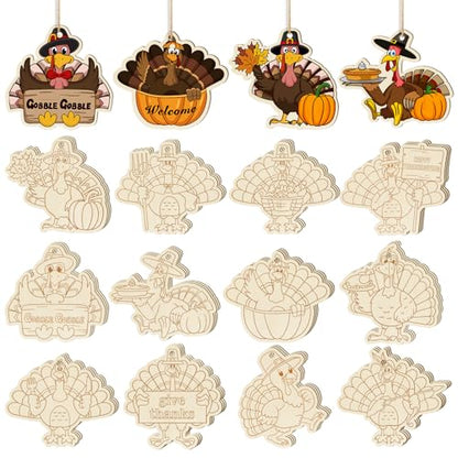 36PCS Wooden Thanksgiving Decoration Turkey Ornaments to Paint Thanksgiving Ornaments for Tree Crafts Cutouts Unfinished (36 Count)