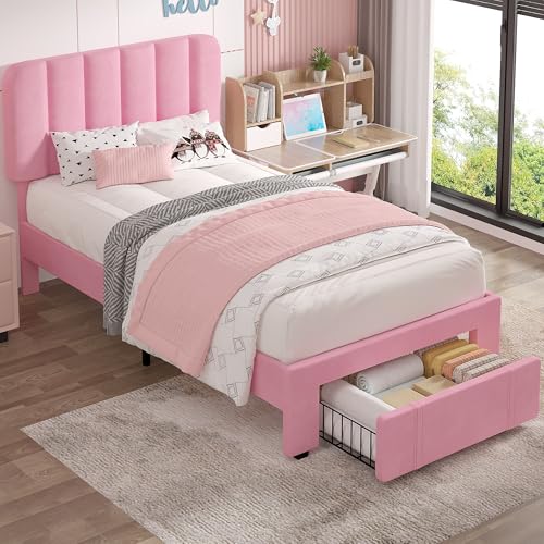 Twin Size Upholstered Bed Frame with Drawer and Headboard