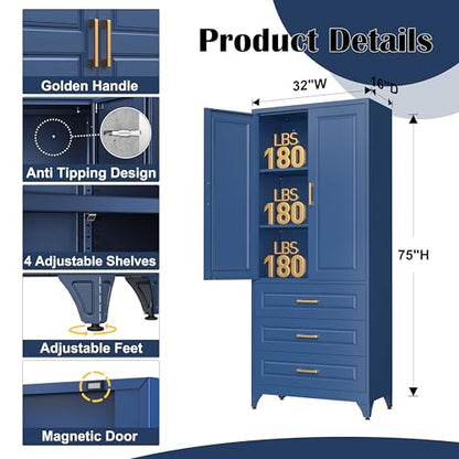 75" Metal Storage Cabinet with Doors and 2 Adjustable Shelves