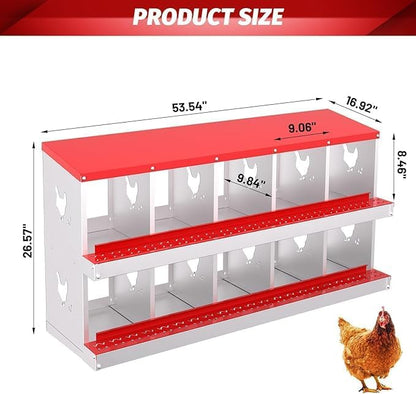 Chicken Nest Box, 10-Compartment Egg-Laying Box, Metal Hen House, Convenient for Collecting Eggs - Ventilated Poultry House Equipment - Suitable for Hens, Ducks Red,Without Stand