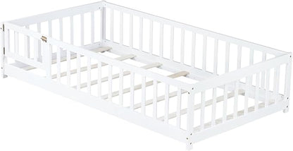 Bellemave Twin Size Floor Bed for Kids, Girls, Boys, Rubber Wood Floor Bed with slats and Door, White