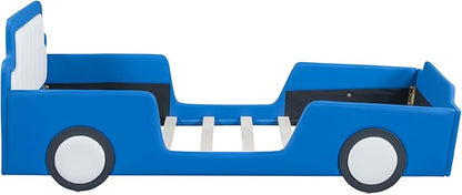 Merax Twin Race Car Platform Bed with Wheels,PU Leather Car Bed Frame for Boys Twin Size,Kids Bed Frame with Headboard,Fits Standard Twin Mattress(No Mattress)