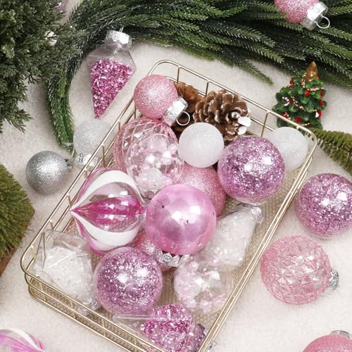 34PCS Pink White Christmas Ball Ornaments Set for Tree Decor (34 Count)