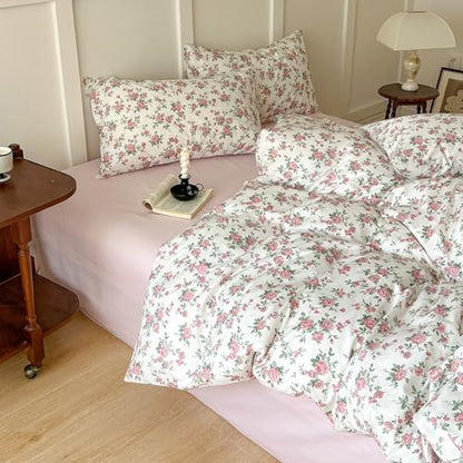Vintage Flower Comforter Set Queen Girls Cute Pink Floral Bedding Comforter Lightweight Soft Cottagecore Bedding Set Botanical Rose Flowers Print Farmhouse Comforter with 2 Pillowcases