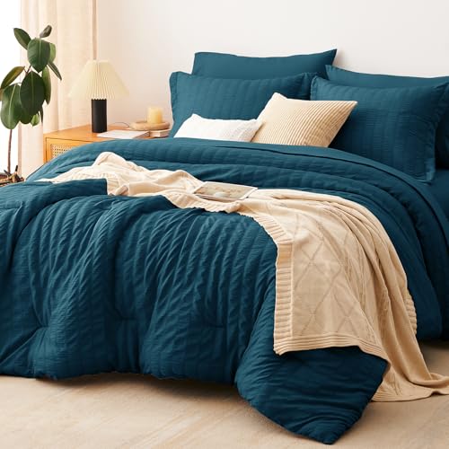 Full Size Comforter Set 7 Pieces Lyons Blue Seersucker Bed in a Bag