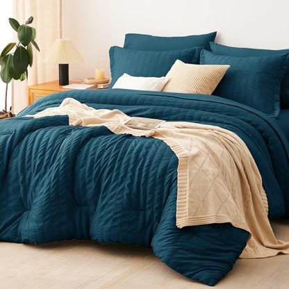 Full Size Comforter Set 7 Pieces Lyons Blue Seersucker Bed in a Bag