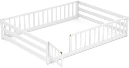 KOMFOTT Full Size Wood Floor Bed with Door & Fence, Montessori Bed Frame with Full Length Safety Guardrails, Door & Latch, Wooden Montessori Floor Bed for Kids, Girls, Boys (Full,White)