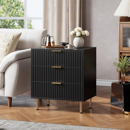 Fluted Black 3 Drawer Dresser for Bedroom with Deep Drawers