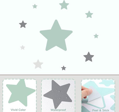 Stars Wall Stickers Removable, Vinyl Stars Wall Decals Peel and Stick, Green and Grey Tone Stars Wall Stickers for Living Room Decoration