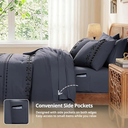Full Size Comforter Set Embroidery Floral 7 Pieces Bed in a Bag
