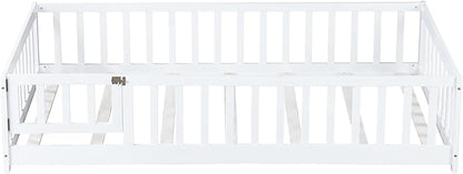 Bellemave Twin Size Floor Bed for Kids, Girls, Boys, Rubber Wood Floor Bed with slats and Door, White