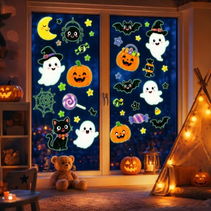 Glow in the Dark Halloween Window Stickers Cute Ghost Pumpkin Black Cat Spider Bat Candy Moon Window Decals for Halloween Party Supplies Home Glass Decorations