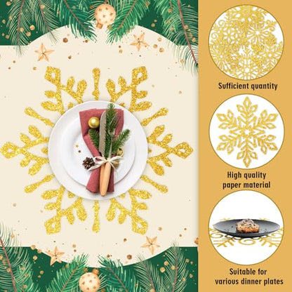60Pcs Christmas Snowflake Paper Placemat Disposable Gold Glitter Snowflake Shaped Dining Table Setting for Winter Xmas Holiday Wedding Birthday Party Kitchen (60 Count)