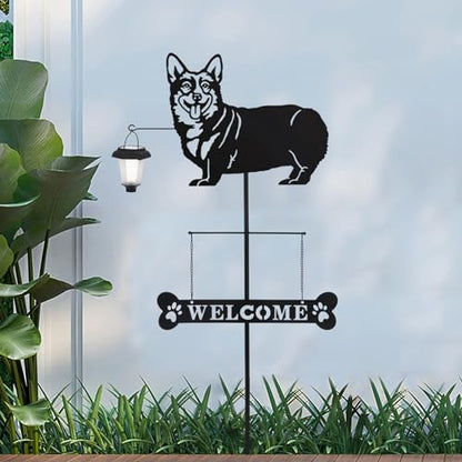 Solar Corgi Silhouette Dog Breed Welcome Sign with a Lantern