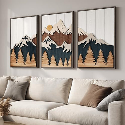 Large Framed 3D Wood Mountain Wall Art Decor for Living Room (3 Count)