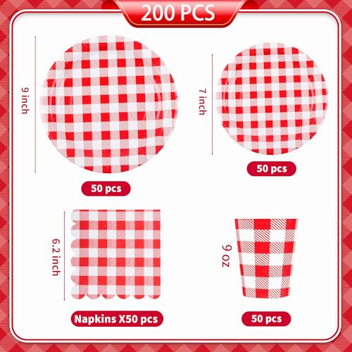 200Pcs Christmas Red Gingham Party Supplies Red Gingham Paper Plates and Napkins Cups Plaid Party Plates Disposable Reds and White Checkered Plates for Christmas Birthday Family Picnic (200 Count)