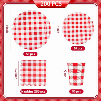 200Pcs Christmas Red Gingham Party Supplies Red Gingham Paper Plates and Napkins Cups Plaid Party Plates Disposable Reds and White Checkered Plates for Christmas Birthday Family Picnic (200 Count)