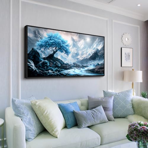 Large Black Framed Wall Decor For Living Room Canvas Wall Art For Office Modern Wall Decorations For Bedroom Blue Tree Landscape Paintings Aesthetic Pictures Artwork Home Decor 24x48 In
