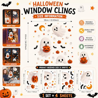 Halloween Window Clings Cute Ghost Pumpkin Bat Moon Window Decals Stickers for Halloween Party Supplies Home Glass Decorations