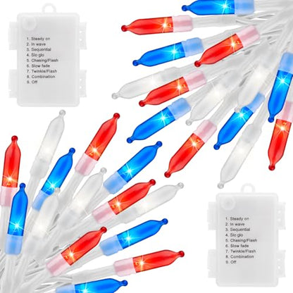 Red White Blue Battery Operated Mini String Lights 2 Pack 18 Feet 50 LED (50 Count)