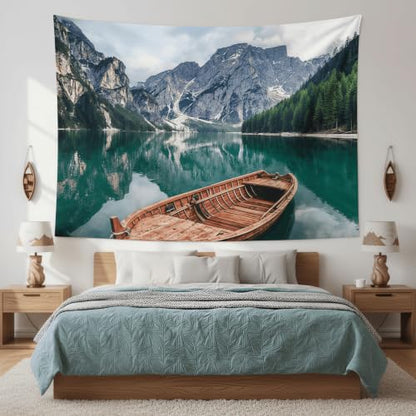 Nature Mountain Lake Boat Tapestry 90x68 Inch
