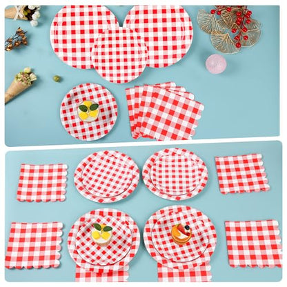 200Pcs Christmas Red Gingham Party Supplies Red Gingham Paper Plates and Napkins Cups Plaid Party Plates Disposable Reds and White Checkered Plates for Christmas Birthday Family Picnic (200 Count)
