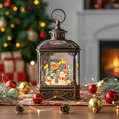 Christmas Snow Globe Lighted Church & Flying Santa Scene