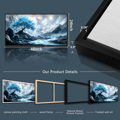 Large Black Framed Wall Decor For Living Room Canvas Wall Art For Office Modern Wall Decorations For Bedroom Blue Tree Landscape Paintings Aesthetic Pictures Artwork Home Decor 24x48 In