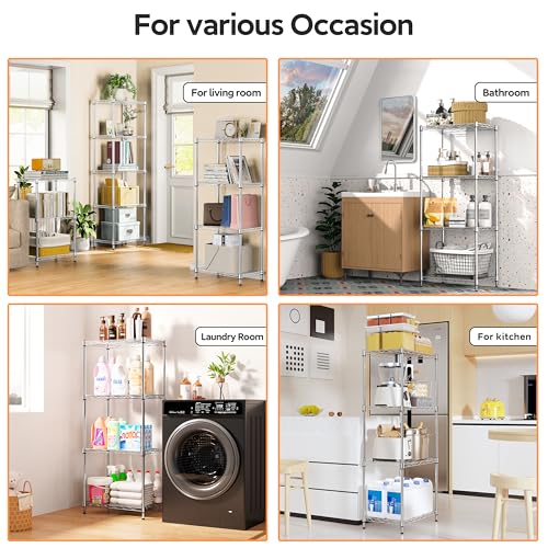 4 Tiers Shelf Metal Storage Shelves Wire Rack Closet Organizers with Wheel for Garage Kitchen Bathroom Laundry Chrome 11.8" D x 17.7" W x 41.9" H