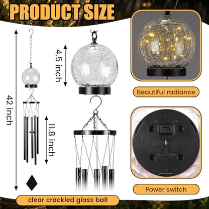 Solar Wind Chimes Outdoor Lights 42 Inch Large Sympathy Gift Chime 15 LED Twinkle Warm White Crackled Glass Ball Hanging Lantern Gifts for Birthday Garden Yard Patio Landscape Decor