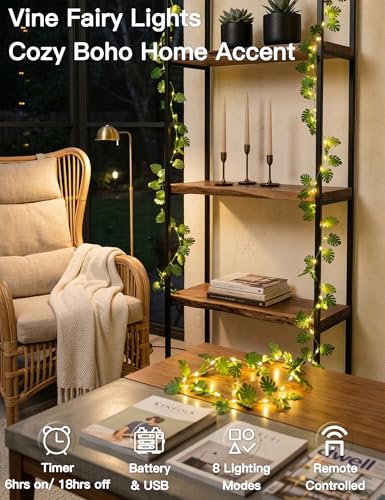 33FT Monstera Vines with Lights Battery & USB Powered Copper Wire