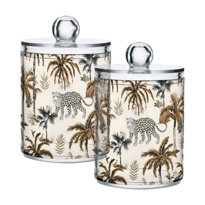 2 Pack Qtip Holder Organizer Dispenser Leopard Palm Trees Bathroom Storage Canister Cotton Ball Holder Container for Cotton Pads (2 Count)
