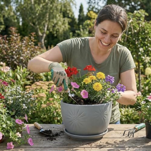 7 Inch Grey Ceramic Plant Pot with Drainage Hole and Attached Saucer