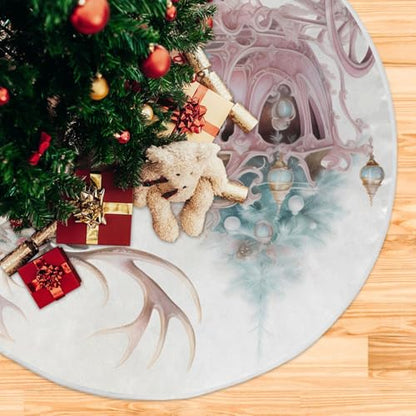 48 Inch Pink Elk Christmas Tree Skirt for New Year Party Decorations and Xmas Tree Mat
