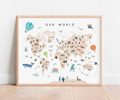 OZCONO Animal World Map Poster, Kids Educational Geography Decor, Safari Animals Nursery Art, Montessori Learning Wall Print (Unframed) (20x30)