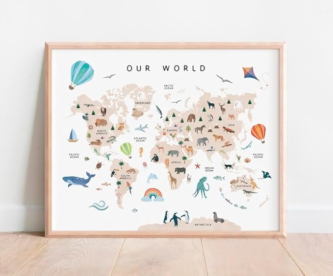 OZCONO Animal World Map Poster, Kids Educational Geography Decor, Safari Animals Nursery Art, Montessori Learning Wall Print (Unframed) (11x14)