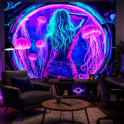 Sexy Woman Jellyfish Tapestry Blacklight Tapestry 59x78 Inch