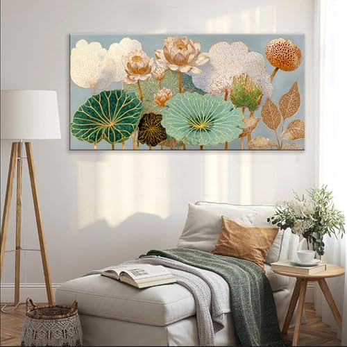 Oversized Canvas Wall Art Decor Floral Botanical Nature Canvas Prints Gold Lotus Flower Modern Wall Art Decor For Living Room Elegant Canvas Art Wall Decor For Bedroom Home Office Decor 29"×58"