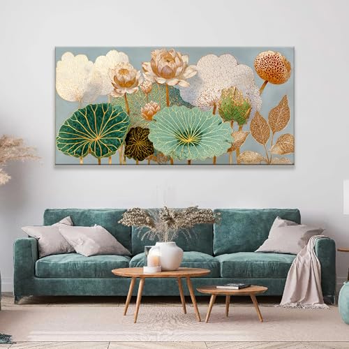 Oversized Canvas Wall Art Decor Floral Botanical Nature Canvas Prints Gold Lotus Flower Modern Wall Art Decor For Living Room Elegant Canvas Art Wall Decor For Bedroom Home Office Decor 29"×58"