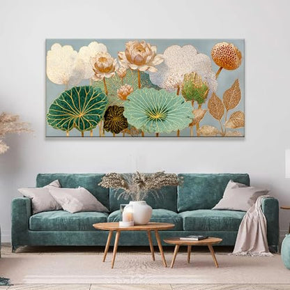 Oversized Canvas Wall Art Decor Floral Botanical Nature Canvas Prints Gold Lotus Flower Modern Wall Art Decor For Living Room Elegant Canvas Art Wall Decor For Bedroom Home Office Decor 29"×58"