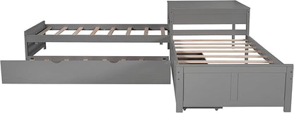 Harper & Bright Designs L-Shaped Platform Bed Frame with Trundle and Drawers Linked with Built-in Desk for Kids Boys Girls, Twin, Gray