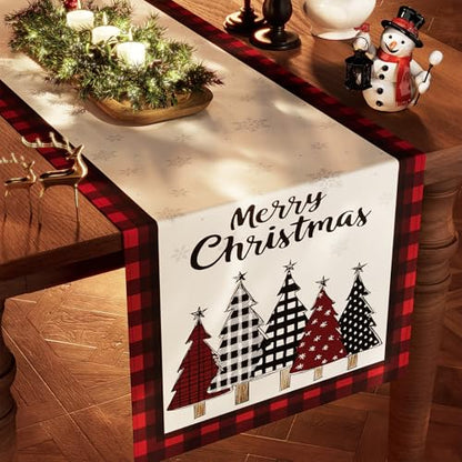 Christmas Table Runner Snowflakes Xmas Tree Decorations with Red Buffalo
