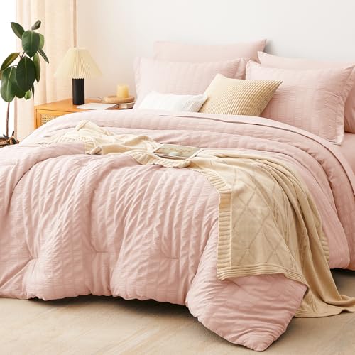 King Size Comforter Set 7 Pieces Blush Pink Seersucker Bed in a Bag