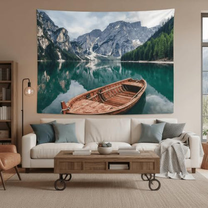 Nature Mountain Lake Boat Tapestry 90x68 Inch