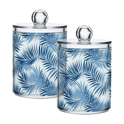 2 Pack Qtip Holder Organizer Dispenser Blue Tropical Leaves Bathroom Storage Canister Cotton Ball Holder Container for Cotton Pads (2 Count)